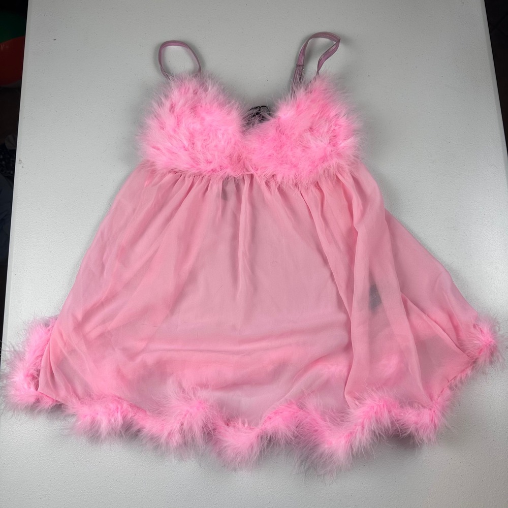 Trickz N' Treatz Babydoll Womens M Pink Faux Fur Trim Sheer Lingerie Chemise